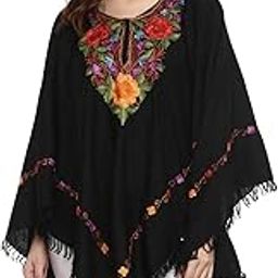 Women's Kashmiri Embroidered Woollen Poncho 3 roses (Black; Free Size)-image-40