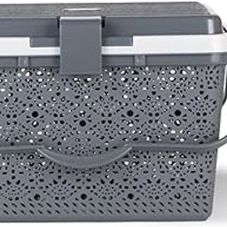Nayasa Flower Picnic Basket | Plastic Multipurpose Basket With Lid | Rectangle Storage Basket | Sleek & Durable Organizer Basket With Lid | Ideal For Outdoors | Strong & Sturdy Handle | Grey-3
