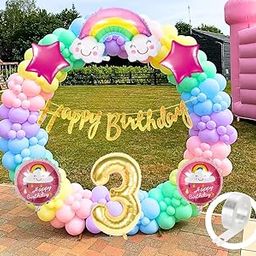 Flyloons Latex Rainbow Theme 3Rd Birthday Decorations Kit Girls Boys Kids Baby Girl For 3 Year With Number Rainbow Pink Star Pink Purple Yellow Blue Green Pastel Balloons Happy Gold Banner, 58 Pcs-12