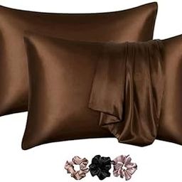 CRAFTELIO Satin Pillowcase Set of 2 with Silk Bonnet for Curly Hair + 3 Satin Scrunchies | Silk Hair Cap for Sleeping | Satin Pillow Covers for Skin & Hair | Gift Combo for Women (Brown)-image-89