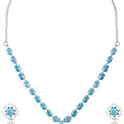 Turquoise Blue Cubic Zirconia Contemporary Party Bling Necklace & Earring Set For Women-ZPFK17233-image-62