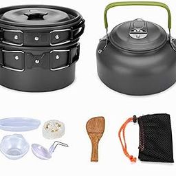 FabSports Camping Cookware Mess Kit with Storage Bag – 10 pc Set Includes Pot, Pan, Teapot, 3 Bowls, 1 stirer & Dish Cleaner – for Outdoor Camping, Hiking, and Picnics – Portable, Aluminum-image-49