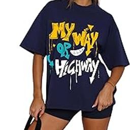 My Way or Highway Graphic Oversized Graphic T-Shirt for Women ? Cute Bear Print Navy Blue Tee ? Funny & Sassy Casual Cotton T-Shirt-image-86