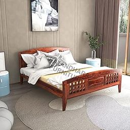 RATANDHARA FURNITURE Queen Size Charlotte Solid Sheesham Wood Platform Bed Without Storage - Wooden Texture (Queen, Honey Finish)-image-17