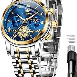 Watches for Men Chronograph Business Wrist Watches Analog Quartz Moon Phase Stainless Steel Waterproof Luminous Dress Watches-24