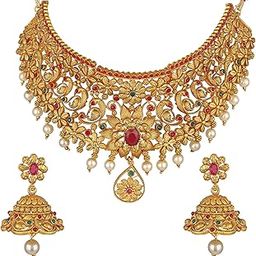 Latest Stylish Design Fancy Pearl Choker Traditional Temple Necklace Jewellery Set for Women (rrsd13868s) (Golden)-image-16