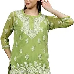 seva chikan Hand Embroidered Lucknowi Chikankari Georgette Women's Short Top Tunic with Slip SCL9115-picture-34