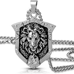 Oxidised Silver Jungle King Lion Head Shield Pendant Chain Necklace For Men-image-84