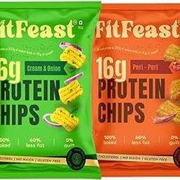 FitFeast Assorted Protein Chips | Peri Peri | Cream and Onion | Pack of 6 | 60gms Each | As Seen on Shark Tank-image-77