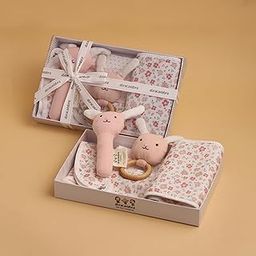 Abracadabra Feeding Essentials Gift Set for Baby, Perfect for Baby Shower and Gifting (Includes 2 Bibs, 2 Wipes, 1 Burp Cloth, 1 Teether & 1 Face Rattle) - Girls-7