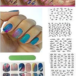 FOK Nail Sticker Combo Of 12 pc Self Adhesive Tip Nail Art Stickers With 5Pc 3D Nail Sticker Stencil Decals Stamping DIY Nail Decoration Tool Nailart Accessory For Home & Salon- Random Designs and Pattern-47
