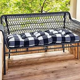Buffalo Check Indoor Bench Cushion, Black and White Plaid, Tufted Seat Pad with Ties 48X18 Inch-image-10