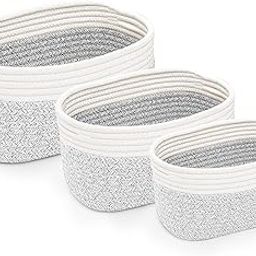 FCG Home® | Rope Woven Storage Baskets Set of 3 | Small Cotton Rope Basket for Shelves | Nursery Decor Organizer Bins | Bathroom Storage Basket (Grey & White)-image-25