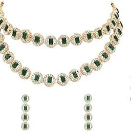 Gold Plated Stylish Design Crystal Diamond Multi Layer Necklace With Earrings & Maang Tikka Jewellery Set for Women-image-64