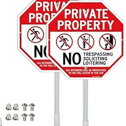 T&R Large Private Property No Trespassing Soliciting Loitering Sign with 36" Stake for Outside - 2 Pack - 12"x12" .040 Rust Free Heavy Aluminum, Includes Matching Screws & Wrench, Easy to Mount-49