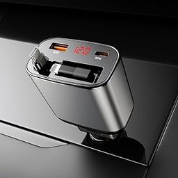 KINGONE Retractable Car Charger, Super Fast Car Charger Type C 105W Total [45W + Dural 30W PD] Compatible with iPhone, Galaxy, Xiaomi, Laptop, Charger Socket for Almost Cars, Sliver-image-1