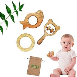 LOTSY Neem Wood Baby Teether Set for Infants | Natural Wooden Teethers for Newborns | Eco Friendly Handcrafted Sound Toys for Toddlers | BPA Free Safe Teething Gift for Boys and Girls (Mango, Ring & Cat)-image-97
