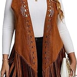 Women's Plus Size Laser Cut Out Sleeveless Open Front Fringe Vest Coat-image-79