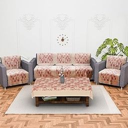 Kuber Industries Sofa & Center Table Cover Set | Net 5 Seater Sofa & 4 Seater Table Cover Combo Set | Furniture Protector Cover for Living Room | Cross Flower Design- Maroon-3