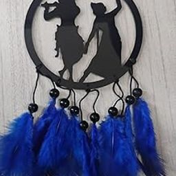 Handmade Krishna and Radha Dream Catcher, Black Acrylic Silhouette with Blue Feathers, Wall and Car Hanging Décor, 23 X 10cm-5