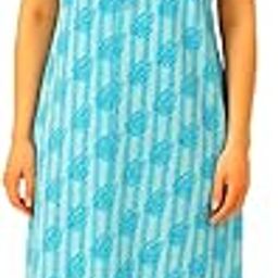 Women's Long Nightgown, Cotton Maxi Night Dress, Floral Print, Turquoise Blue, Short Sleeve-image-84
