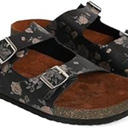 Black Flower Print Synthetic Leather Comfortable Stylish with Open Toe Casual Flat Sandals & Flip Flops for Women-image-1
