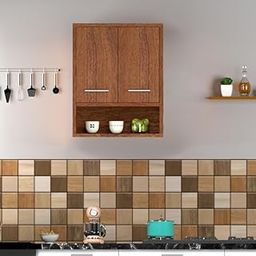WOOD VAN 2 Doors Wall-Mounted Wooden Kitchen Cabinet with Open Storage Shelf ? Modern Space-Saving Cupboard for Home Kitchen, Crockery, with Metal Handles, Color: Cherry Pine-19