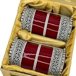Decorative Bangles with Crystal Rhinestone Design, Red and Silver, Traditional Wedding Accessories, Set of 2-image-34