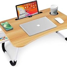 TEKCOOL Study Table Foldable Wooden Laptop Bed Tray Table, Multifunction Lap Tablet Desk with Cup Holder, Perfect for Eating Breakfast, Reading Book, Working, Watching Movie On Bed.,-11
