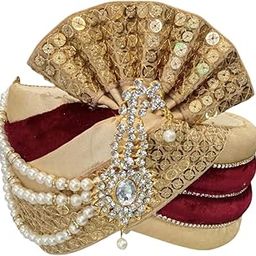 Designer Wedding Turban, Gold and Maroon Velvet Adjustable valcro System Pagdi with Pearl and Crystal Brooch Pack of 1-image-15