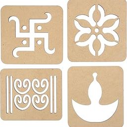 Haoser DIY MDF Readymade Set of 4 Om Star Diya, Flower Kalash, Swastik Diya Flower Wooden Rangoli Boards for Navratri Diwali Indian Traditional Festival Decor, Easy to Use Fillable Rangoli Template (3.5 Inch Each) (Swastic Stencil)-image-15