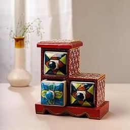 Bharat Handicraft Wooden L-Shape Chest with 3 Colourful Ceramic Drawers, Multipurpose Storage, Dressing Table Organizer, Decorated Wooden Drawer Table Décor, Red, Standard, Pack of 1-17