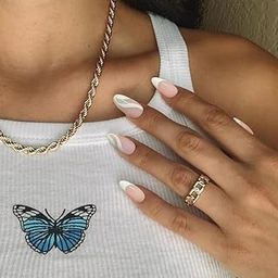 Trendy Set Of 24 Artificial/Fake Reusable Press on Nails In Almond Shape With White & Silver Stillet Wave.-10