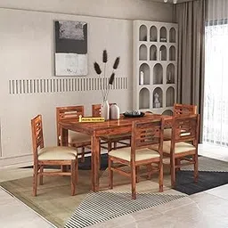 MAMTA DECORATION Sheesham Wood 6 Seater Dining Table with 6 Cushioned Chairs Wooden Dining Set for Home Living Room (Honey Finish)-picture-32