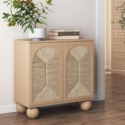 TGF Furniture Store Modern Storage Cabinet with Woven Seagrass Doors – Light Wood Finish – Sideboard with Round Legs for Living Room, Entryway, or Dining Room-image-47