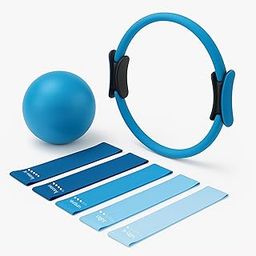 PILATES RING SET - Premium Anti-Deformation 14”Magic Circle with Dual Padded Handles - Includes Burst Resistant Pilates Mini Ball & Highly Elastic Resistance Bands-Yoga Fitness kit (Blue)-image-44