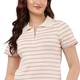 Women's Cotton Collar Neck Half Sleeve Regular Fit Striped Printed Knitting Fabric Polo T-Shirt-picture-6