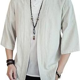 Men's Vintage Kimono Cardigan Cotton Linen Wrap Front Japanese Jinbei Haori Jacket Loose Fit Solid Color Hanfu Top Cover Up-image-22