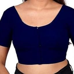 Women's Round Neck Cotton Stretchable Short Sleeves Readymade Saree Blouse | Regular Wear Plain Blouse for Women Stylish-image-60