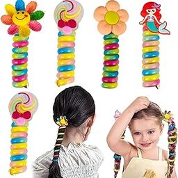 ANNA CREATIONS 5 Pack Telephone Wire Hair Band for Kids Elastic Spiral Hair Ties for Girls Cute Cartoon Braids Ponytail Holder Maker Kids Hair Accessories for Girls (Flower-Ponytail Ribbon-5)-image-49