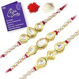 Sukkhi Incredible Kundan Gold Plated Rakhi Combo (Set of 3) with Roli Chawal and Raksha Bandhan Greeting Card For Men (CB73457)-30