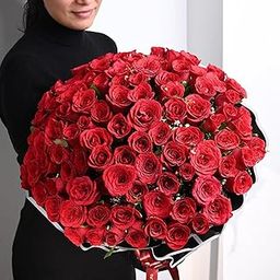 FlowerAura Fresh Live Flower Bouquet of 100 Red Roses Flowers In Black Packing For Birthday Gift, Anniversary Gift, Wedding Gift, Congratulations Gift & Gift For Special Occasions (Same Day Delivery)-image-1