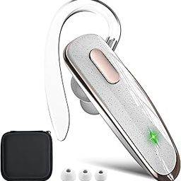 Jinreoo Bluetooth Headset, V5.1 Ultralight Wireless Handsfree Earpiece Cell Phone with Noise Cancellation Microphone for iOS Android Trucker Driver- White-0