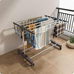 TEKCOOL 1-Tier Premium Heavy-Duty Stainless-Steel Clothes Drying Stand with Wheels | Foldable Laundry Rack with Sock Holder | Indoor & Outdoor Cloth Dryer for Balcony, Terrace & Home(Grey, Small)-picture-31
