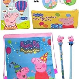 Le Delite cartoon pig return gifts for kids I papa pig gift set bag with diary, pen, pencil,eraser, school stationary pouch, badge & keychain (combo pack of 8 items)(PINK)-image-89
