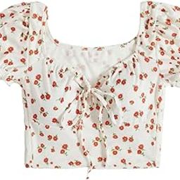 Women's 100% Cotton Slim Fit Printed Puff Sleeve Tie Front Ditsy Floral Top-picture-34