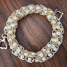 Tia Premium Purse Shoulder Bag Chain Strap Handle, Handbag Purse Chain Replacement, Purse, Clutch Making, Replacement, Decoration & DIY (Golden Chain with Pearl and Cat Hook-115Cm, 1 Pc)-16