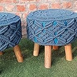 COTTONCUBE Pack of 2 Pcs Blue l Macram� Attractive Hand Knitted Modern & Glossy Stone Wash Living & Bedroom Stool (Blue, Pre-Assembled)-image-63