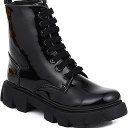 Patent Leather Combat Boots, Chunky Platform Sole, Lace-up Design, Black-image-39