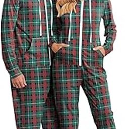 Christmas Family Matching Pajamas Hooded Zipper Onesies Long Sleeve Couple One Piece Sleepwear with Pockets S-XXL, Women-green Plaid, Medium-image-9